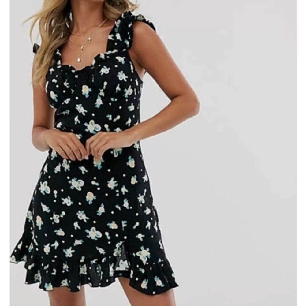 Free People Like A Lady Black Mini Dress Lemon Slice Tie Back Buttons Size Xs